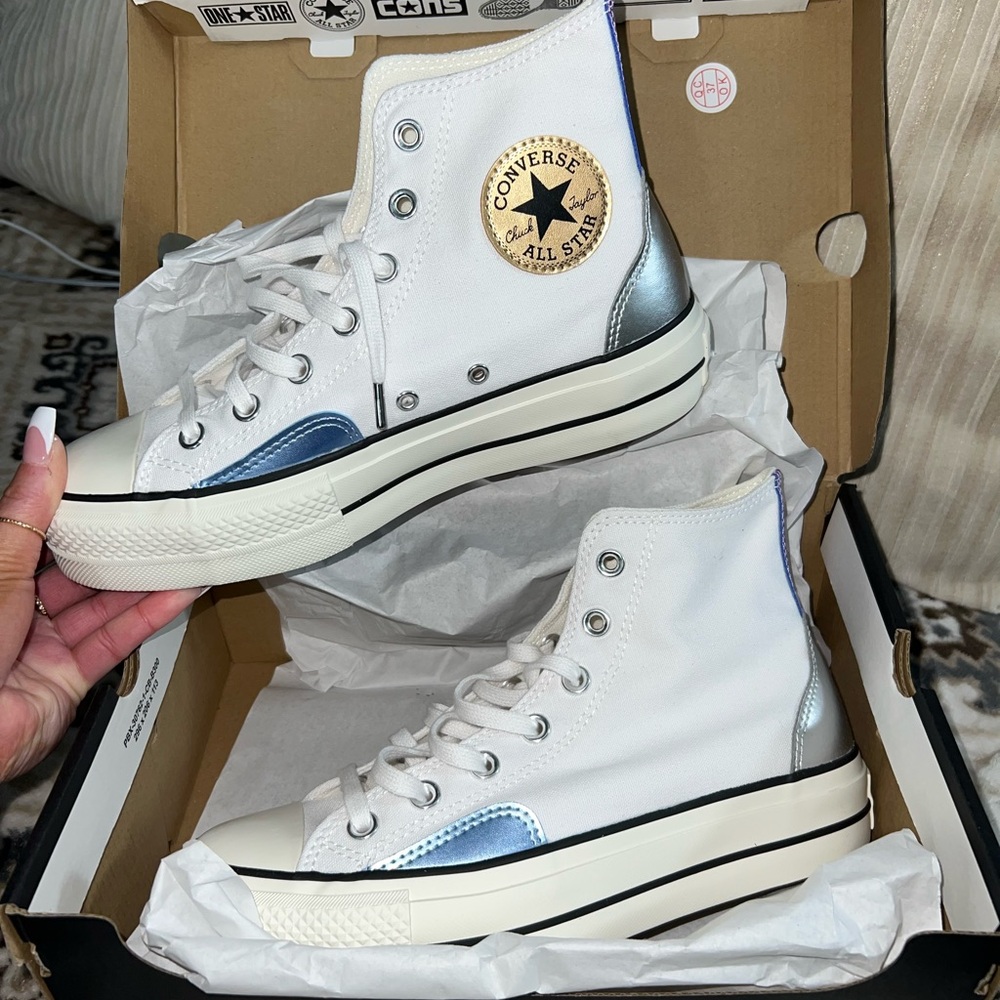 Converse White and Silver High-Top Sneakers